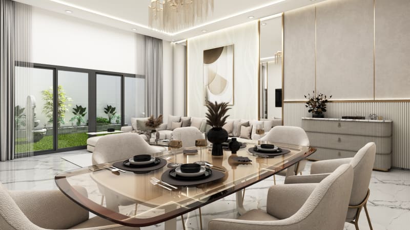 Villa living and dining room interior design in Dubai by Soft Touch Interior