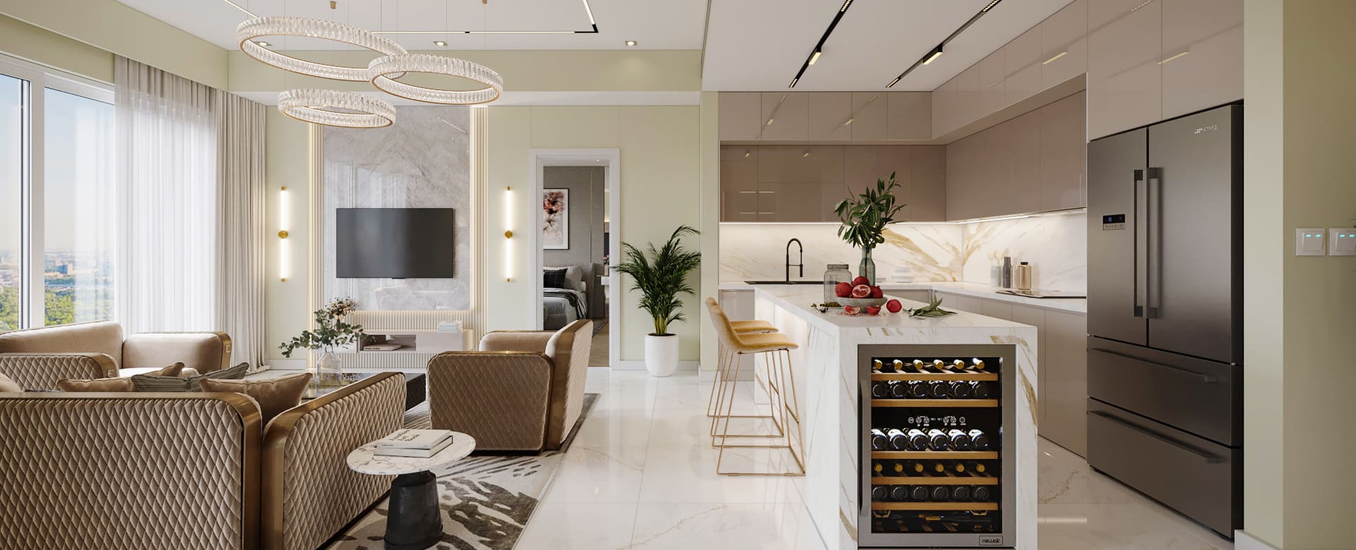 Modern open-plan living room and kitchen interior designed by Soft Touch Interior in Dubai