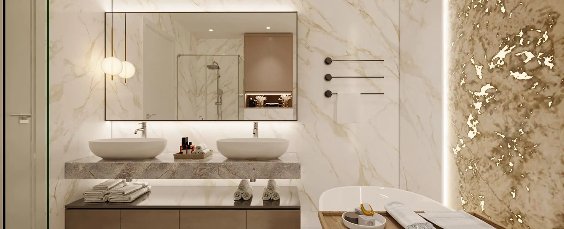 Luxury marble bathroom renovation with double vanity in Dubai